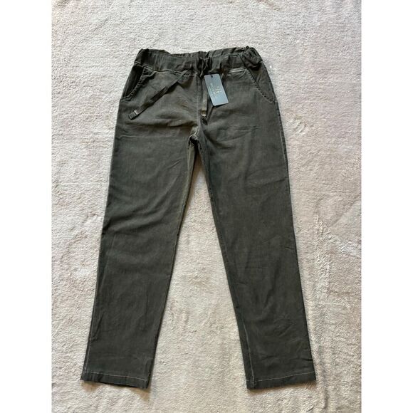 Bella Amore Pants - Made in Italy Bella Amore Army Green Linen Pants Pockets Drawstring Size XL NWT